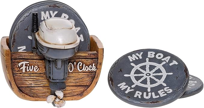 Pine Ridge Drink Coaster Set of 5 - Outboard Boat Motor Design My Boat My Rules, Five O'clock - Coffee Coasters with Holder and Rubber Pads