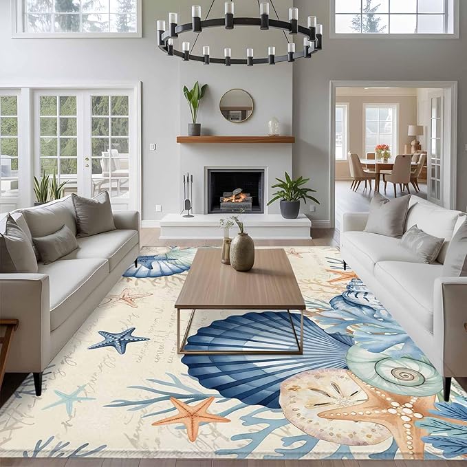Area Rug 6x9ft, Summer Blue Shells Starfish Washable Rugs for Living Room Bedroom, Vintage Coral Shells Fish Soft Non-Slip Area Rugs Rectangle Floor Carpet for Dining Room
