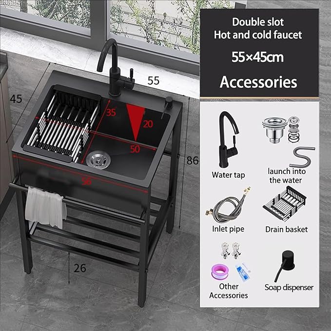 Commercial Kitchen Sink,Black Laundry Room Sink,Stainless Steel Stand Alone,Set with Drain Basket, Hot and Cold Tap,Adjustable Leg Height,for Restaurant,Room,Backyard,Garage