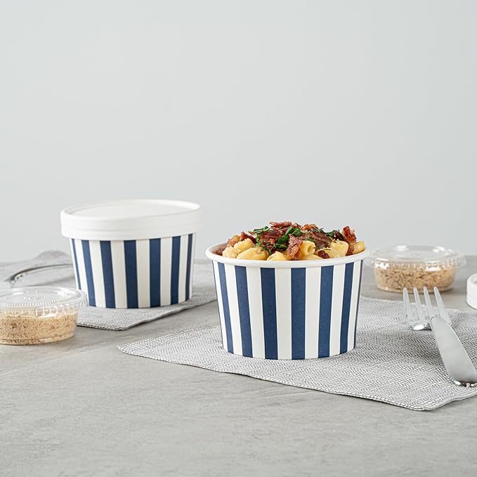 Coppetta 5 Ounce Dessert Cups, 50 Disposable Ice Cream Cups - Lids Sold Separately, Sturdy, Blue And White Paper FroYo Bowls, Striped, For Hot And Cold Foods, Perfect For Gelato - Restaurantware
