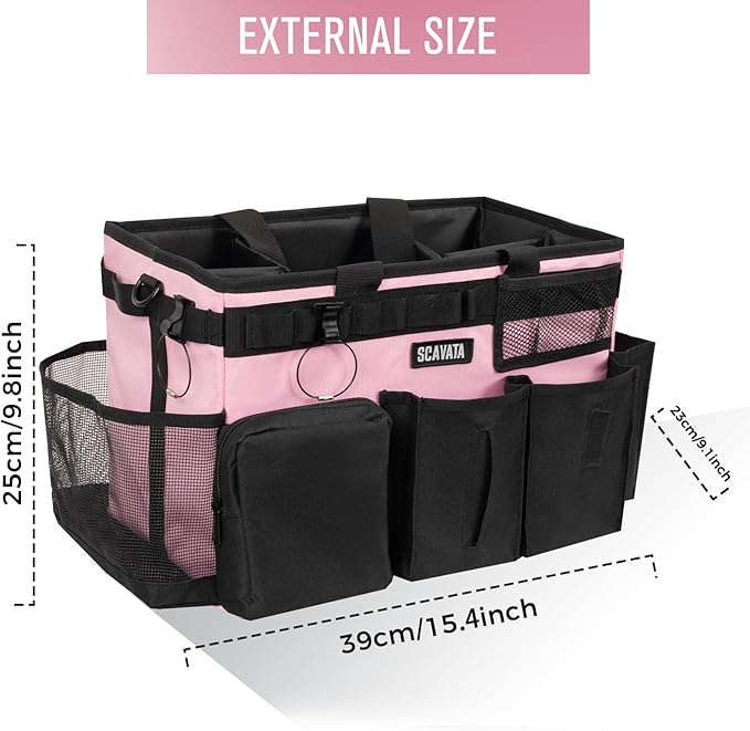 SCAVATA Wearable Cleaning Caddy Bag, Cleaning Caddy Supplies Organizer with Handle & Shoulder Straps for Housekeepers, Under Sink & Car Cleaning Tool Organizers with 4 Foldable Divider (SweetPink)