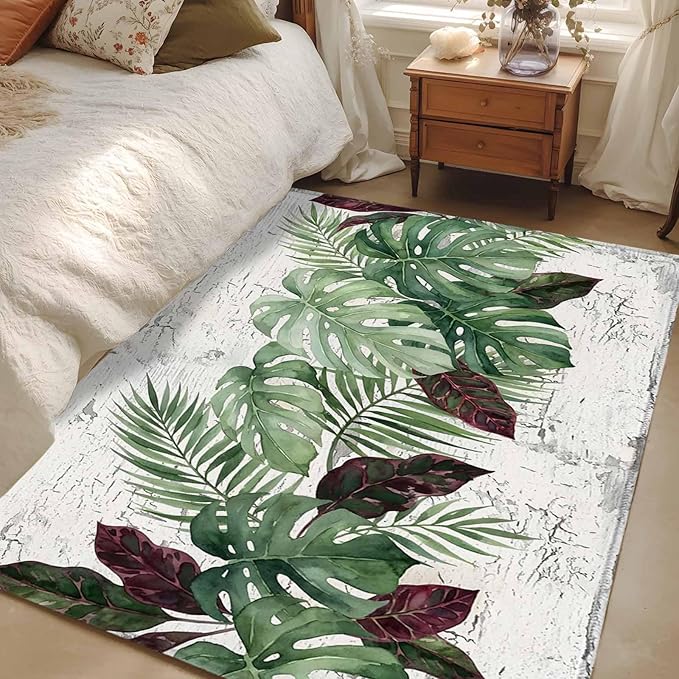 Area Rug 4x6ft, Summer Green Monstera Palm Leaves Washable Rugs for Living Room Bedroom, Vintage Botantical Soft Non-Slip Area Rugs Rectangle Floor Carpet for Dining Room