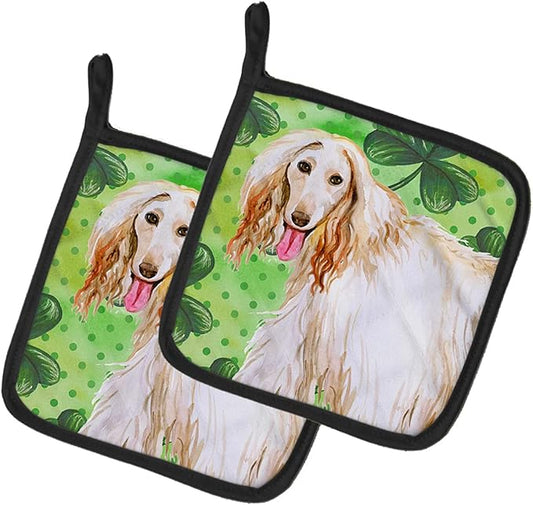 Caroline's Treasures BB9876PTHD Afghan Hound St Patrick's Pair of Pot Holders, Green Kitchen Heat Resistant Pot Holders Sets Oven Hot Pads for Cooking Baking BBQ, 7 1/2 x 7 1/2