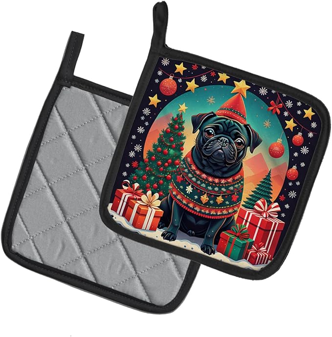 Caroline's Treasures Black Pug Christmas Pair of Pot Holders Kitchen Heat Resistant Pot Holders Sets Oven Hot Pads for Cooking Baking BBQ, 7 1/2 x 7 1/2