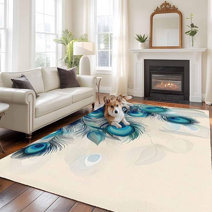 Area Rug 6x9ft, Abstract Animal Art Peacock Feather Washable Rugs for Living Room Bedroom, Watercolor Blue Eyes Beige Soft Non-Slip Area Rugs Rectangle Floor Carpet for Dining Room