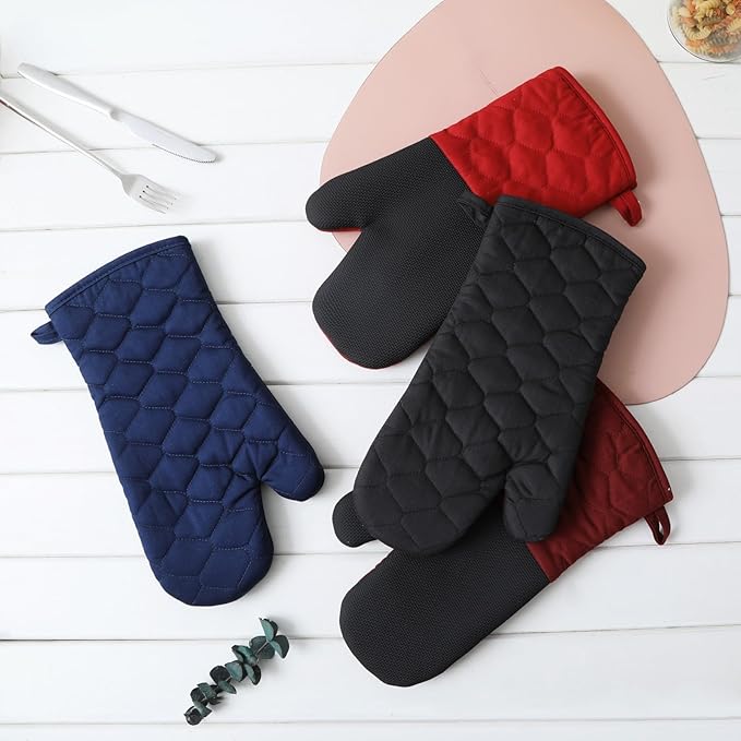 Glynniss Heat Resistant Oven Mitts, 2 Pcs of Silicone Oven Mits, Non-Slip Grip Surfaces Kitchen Gloves for Cooking, Machine Washable with Hanging Loops Oven Gloves (7x13 inches, Blue)