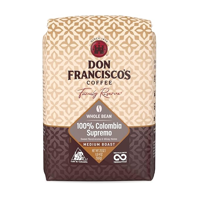 Don Francisco's 100% Colombia Supremo Whole Bean Coffee, Medium Roast – 100% Arabica Coffee, 20 oz Bag
