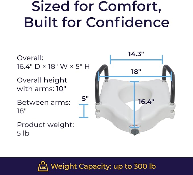 Drive Medical 2-in-1 Raised Toilet Seat with Removable Padded Arms - Elevated Bathroom Safety Support - Secure Locking Attachment - Easy Height Assistance - Durable Construction, Standard Toilets