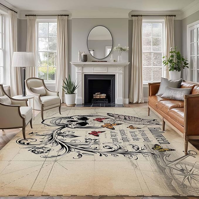 Area Rug 9x12ft, Halloween Skull Owls on Vintage Washable Rugs for Living Room Bedroom Rectangle Floor Carpet, Retro Butterflies Flower Soft Non-Slip Area Rugs for Dining Room