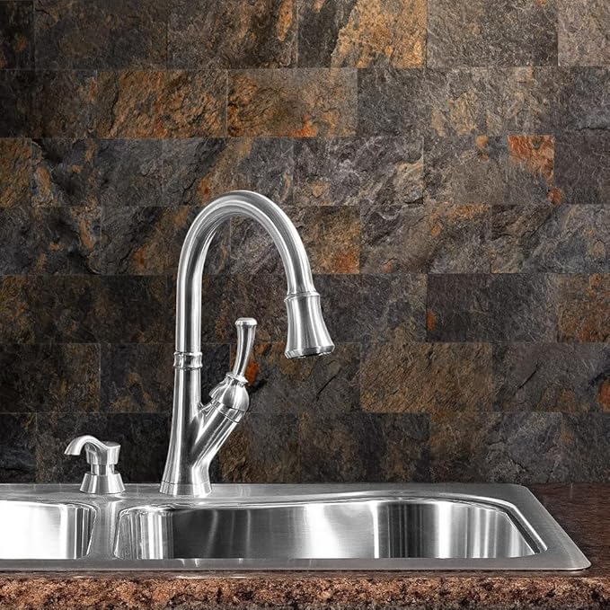 AULIGET 100 Piece Rust Slate Peel and Stick Backsplash Wall Tiles, 3" x 6" PVC Faux Stone Stick on Tiles for Backsplash Kitchen, Bathroom, Laundry Room, Camper, Fireplace