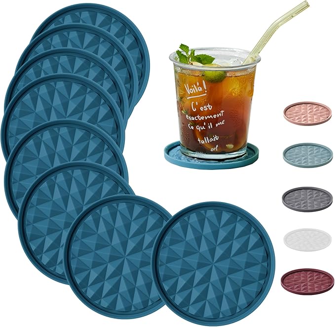 Silicone Coasters for Drinks[8 Pack, No Holder]- Cup Mat for Tabletop Protection-Non-Slip, Non-Stick, Coffee Table Decor, Great Gift for Any Occasion, Dark Blue