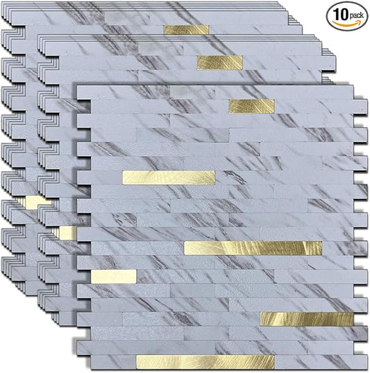 10-Sheet Peel and Stick Backsplash Tile, PVC Mixed Metal Stick on Kitchen, Bathroom Vanities, Fireplace Décor, Laundry Table (White Marble + Golden-2)