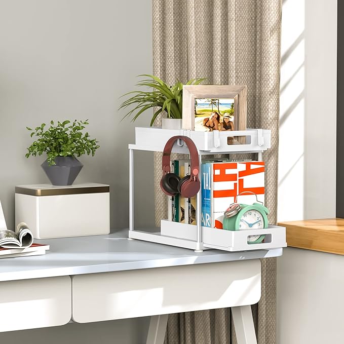 2 Pack Under Sink Organizer with Pull-Out Drawer, 2-Tier Cabinet Storage for Kitchen & Bathroom, Fits Cleaning Supplies & Toiletries, Space Saving for Small Cabinets, Double-layer Sliding White