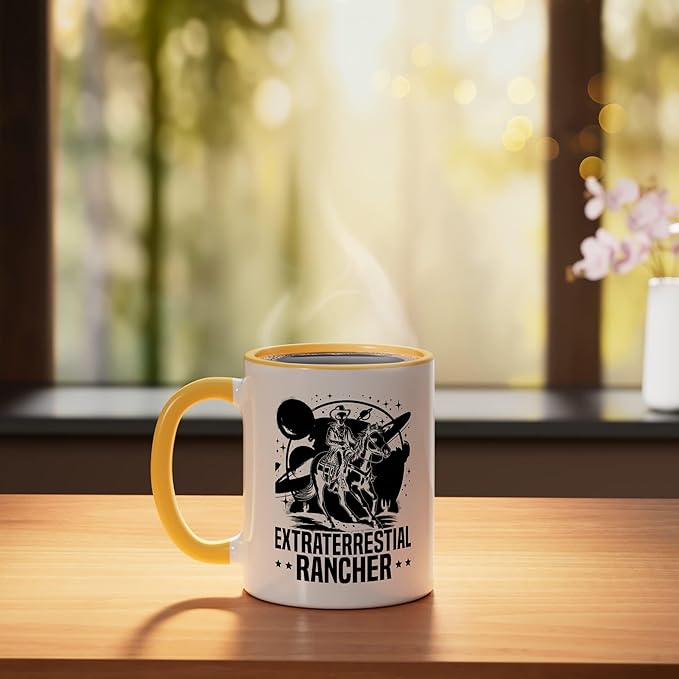 Alien Lover Flying Saucer UFO Extraterrestrial Cowboy Ceramic Mug, Yellow/White