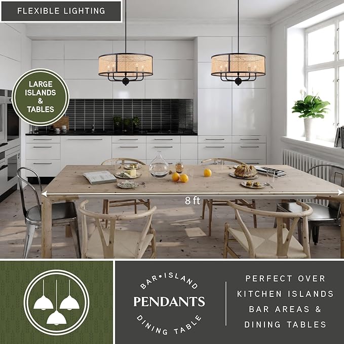 VAXCEL Berens 5 Light Matte Black Modern Farmhouse Drum Pendant Fixture with Rattan Cane Shade