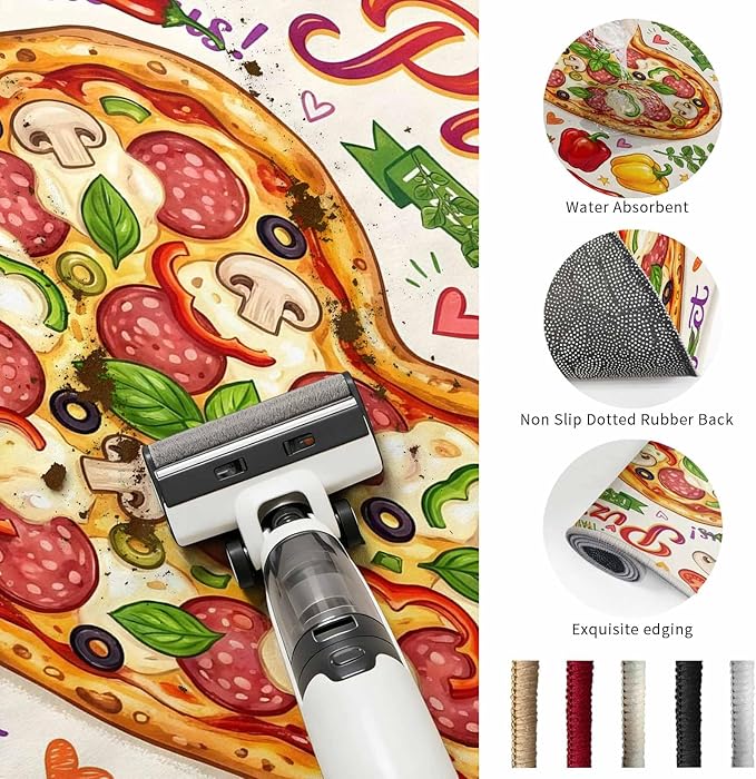 Washable Round Area Rug Cartoon Pizza Watercolor Graffiti Circle Rugs Floor Carpet for Living Room Bedroom, Farmhouse Vegetable Leaves Soft Non Slip Round Rug 3ft