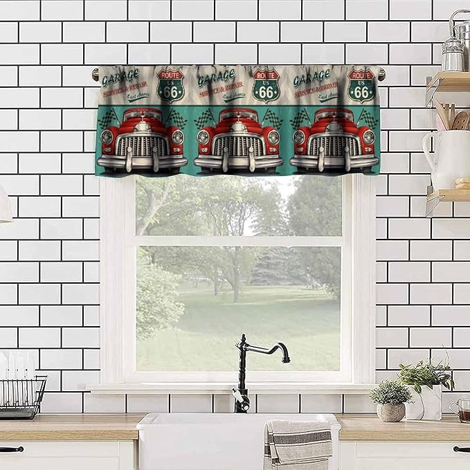 Retro Valance Curtain Vintage Car Route 66 Garage Rod Pocket Valance Window Treatments Short Curtains for Kitchen Bathroom Farmhouse Living Room Decor 54x18inch