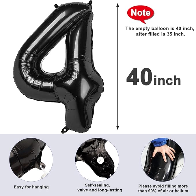 40 Inch Large Numbers Balloon, 4 Black Ballon for 4th 14 40 44 Birthday Party, Balloon 4 Number for Graduations Wedding Supplies