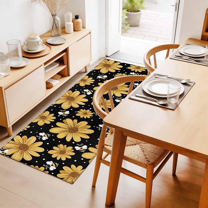 Runner Rug for Bedroom Hallway, Summer Daisy Flower Bee on Black Kitchen Runner Rugs Area Rug 2x6ft, Spring Watercolor Floral Washable Soft Floor Carpet for Entryway Stair