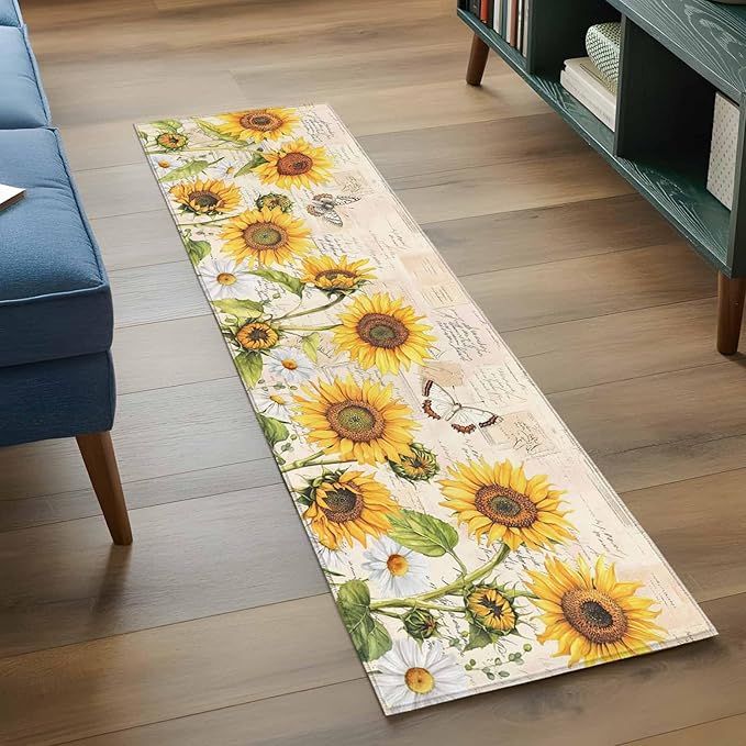 Sunflower Farmhouse 2x6 Kitchen Runner Rug, Retro Floral Butterflies Non-Skid Rubber Backing Large Rectangle Rugs - Living Room Bedroom Home Office, Spring Summer Indoor Floor Mat Carpets Washable Rug