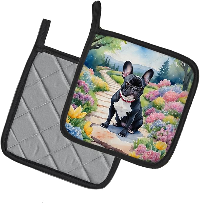 Caroline's Treasures French Bulldog Spring Path Pair of Pot Holders Kitchen Heat Resistant Pot Holders Sets Oven Hot Pads for Cooking Baking BBQ, 7 1/2 x 7 1/2