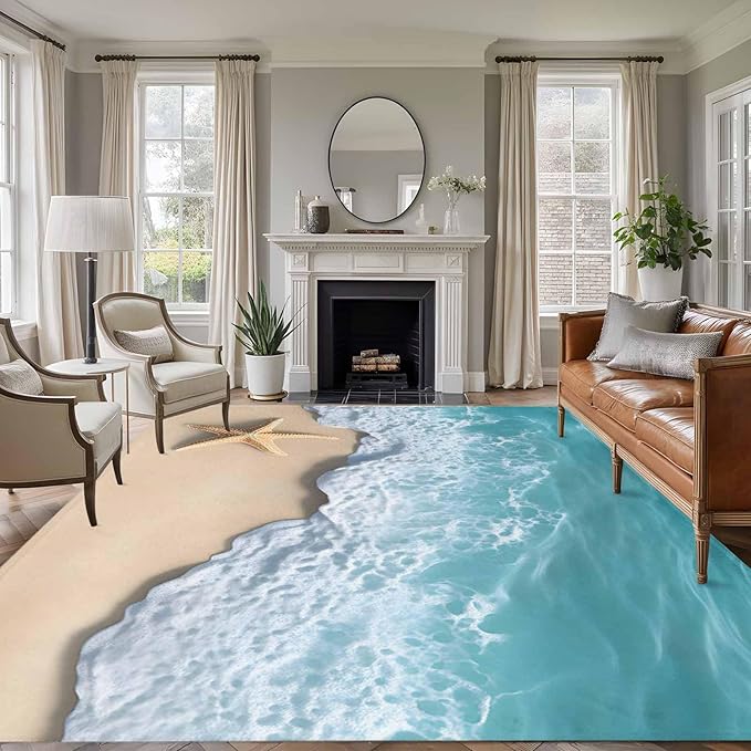 Area Rug 6x9ft, Beach Starfish Teal Sea Water Washable Rugs for Living Room Bedroom, Summer Ocean Theme Soft Non-Slip Area Rugs Rectangle Floor Carpet for Dining Room