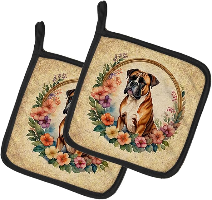 Caroline's Treasures Boxer and Flowers Pair of Pot Holders Kitchen Heat Resistant Pot Holders Sets Oven Hot Pads for Cooking Baking BBQ, 7 1/2 x 7 1/2