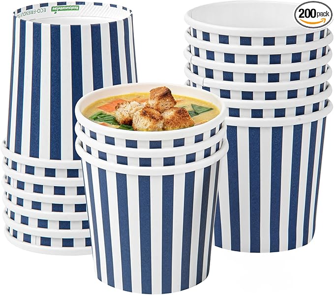 Restaurantware Bio Tek 12 Ounce Soup Containers 200 Durable Soup Bowls - Disposable Sustainable Blue And White Paper Soup Cups Striped Round For Hot Or Cold Foods