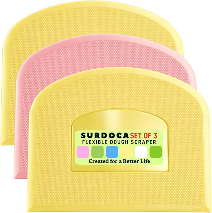 SURDOCA Dough Scraper Bench Scraper - 3P 8.3x5.5" Plastic Flexible Bowl Scraper, Sharp Edge & Angles Cake Scraper. Non-Slip Bakeware Decorating Tools Sculpting & Modeling Tools - Yellow+Pink+Yellow