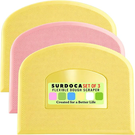SURDOCA Dough Scraper Bench Scraper - 3P 10.6x6.7" Plastic Flexible Bowl Scraper, Sharp Edge & Angles Cake Scraper. Non-Slip Bakeware Decorating Tools Sculpting & Modeling Tools - Yellow+Pink+Yellow