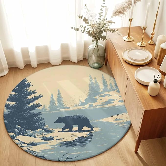 Washable Round Area Rug Winter Bear Evergreen Trees Circle Rugs Floor Carpet for Living Room Bedroom, Rustic Snow River Soft Non Slip Round Rug 3ft