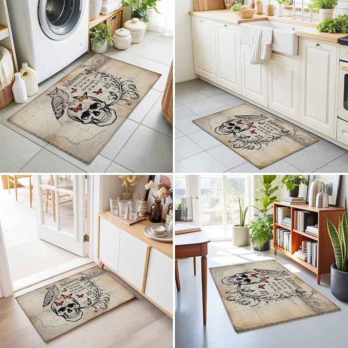 Area Rug 2x3ft, Halloween Skull Owls on Vintage Washable Rugs for Living Room Bedroom, Retro Butterflies Flower Soft Non-Slip Area Rugs Rectangle Floor Carpet for Dining Room