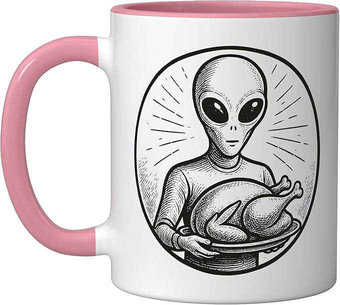 Alien with Thanksgiving Turkey Ceramic Mug, Pink/White