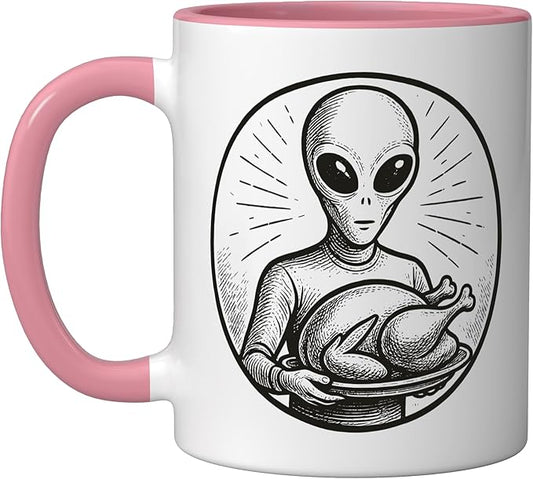 Alien with Thanksgiving Turkey Ceramic Mug, Pink/White