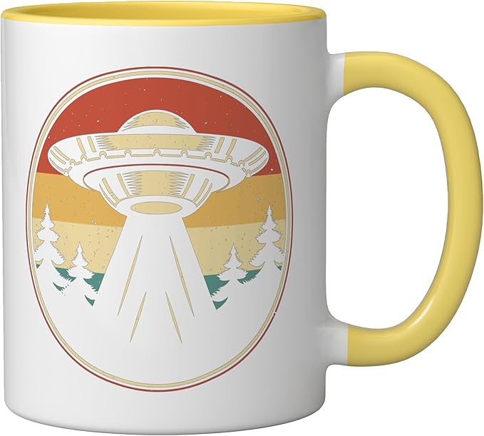 Ufo Alien Vintage Retro Ceramic Mug, Yellow/White