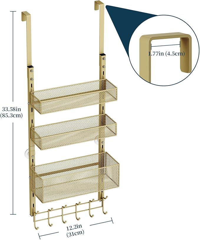 Consumest Over The Door Hooks Organizer - 4 Tier Door Coat Rack with 3 Baskets and 12 Hooks, Stainless Steel Towel Hanger for Bedroom, Bathroom, Living Room, Gold