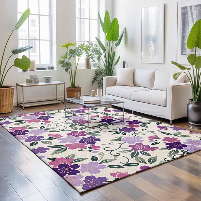 Area Rug 3x5ft, Watercolor Country Flowers Washable Rugs for Living Room Bedroom, Plum Blossoms on Linen Soft Non-Slip Area Rugs Rectangle Floor Carpet for Dining Room