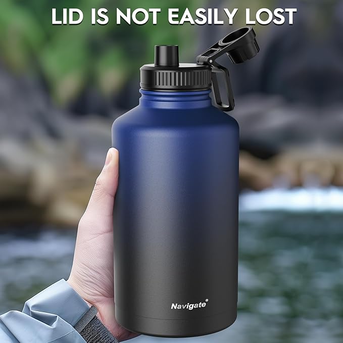 Navigate 64 oz Stainless Steel Insulated Water Bottle,Double Walled Leak Proof Keep Cold for 24 Hrs Hot for 12 Hrs,Wide Mouth Water Jug with Spout & Handle Lids,Blue to Black