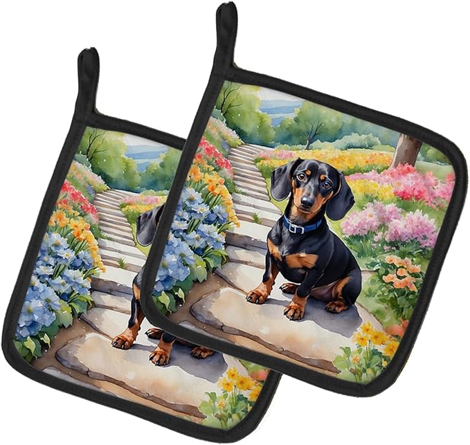 Caroline's Treasures Dachshund Spring Path Pair of Pot Holders Kitchen Heat Resistant Pot Holders Sets Oven Hot Pads for Cooking Baking BBQ, 7 1/2 x 7 1/2