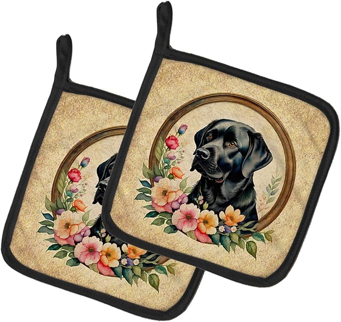 Caroline's Treasures Black Labrador Retriever and Flowers Pair of Pot Holders Kitchen Heat Resistant Pot Holders Sets Oven Hot Pads for Cooking Baking BBQ, 7 1/2 x 7 1/2