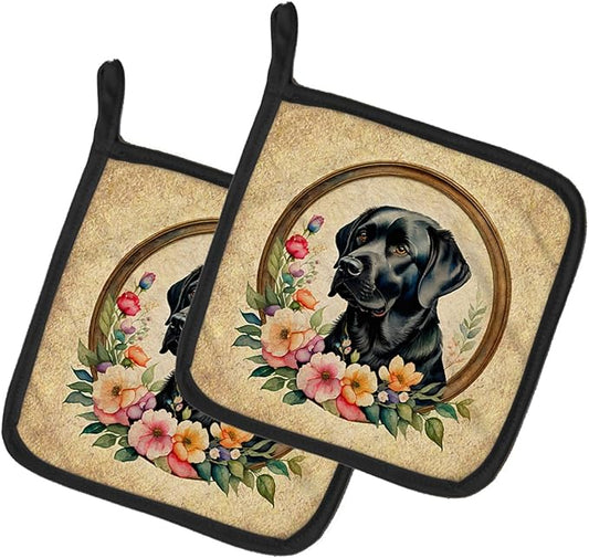 Caroline's Treasures Black Labrador Retriever and Flowers Pair of Pot Holders Kitchen Heat Resistant Pot Holders Sets Oven Hot Pads for Cooking Baking BBQ, 7 1/2 x 7 1/2