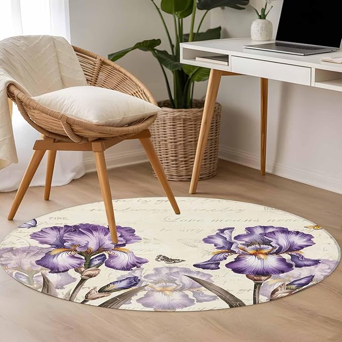 Washable Round Area Rug Pastoral Purple Flower Watercolor Circle Rugs Floor Carpet for Living Room Bedroom, Country Botanical Butterflies Soft Non Slip Round Rug 3ft