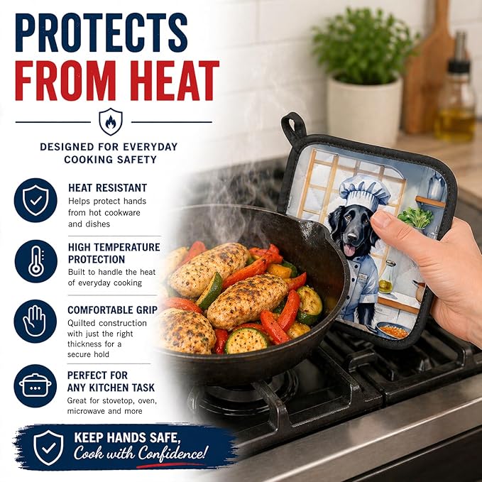 Caroline's Treasures Flat-Coated Retriever The Chef Pair of Pot Holders Kitchen Heat Resistant Pot Holders Sets Oven Hot Pads for Cooking Baking BBQ, 7 1/2 x 7 1/2