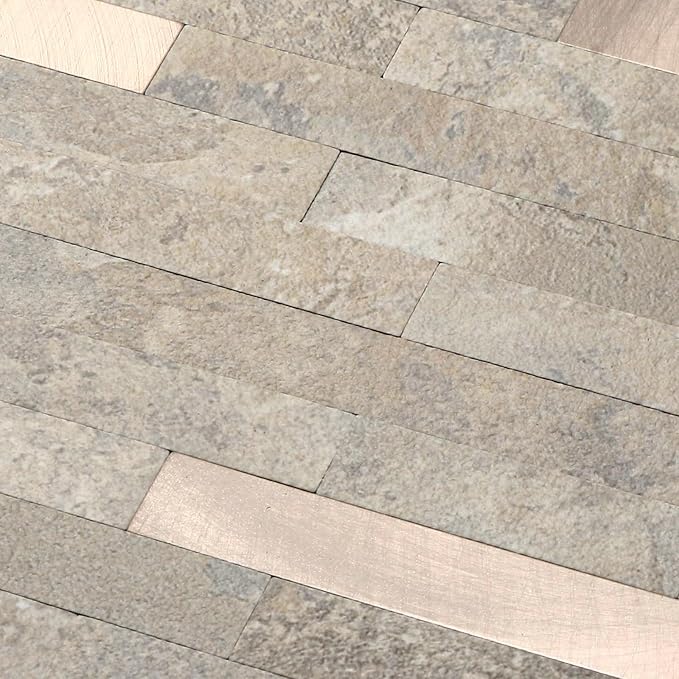 Yipscazo 20 Sheets Peel and Stick Stone Metal Tile Backsplash, Stick on Tiles for Backsplash Kitchen, Bathroom, Laundry Room, Camper, Fireplace (12'' X 12'', Beige Stone with Gold Metal)