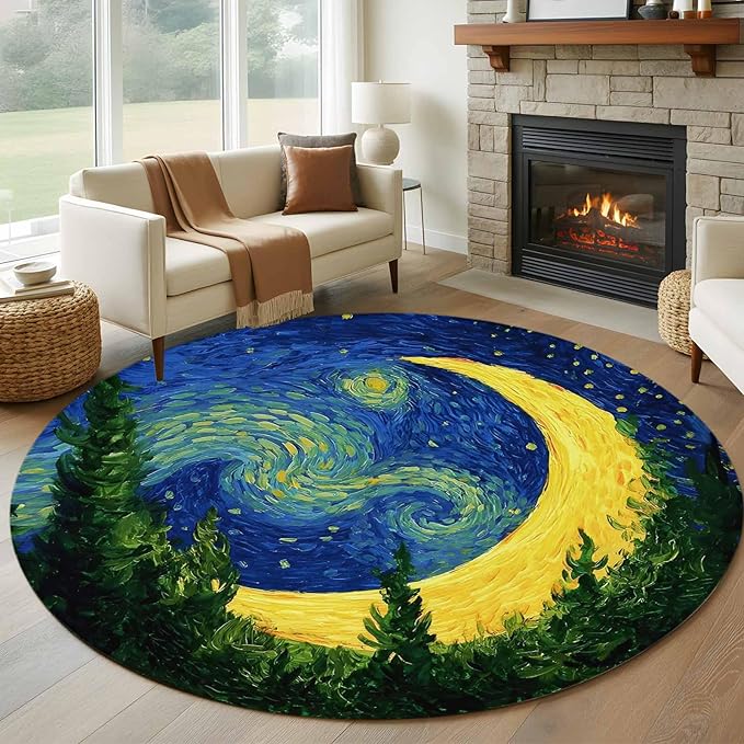 Washable Round Area Rug Giant Moon Forest Expressionist Art Circle Rugs Floor Carpet for Living Room Bedroom, Dreamy Night Navy Blue Soft Non Slip Round Rug 5ft