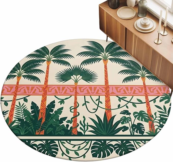 Washable Round Area Rug Vintage Sage Green Tall Palm Trees Circle Rugs Floor Carpet for Living Room Bedroom, Summer Tropical Plants Soft Non Slip Round Rug 3ft
