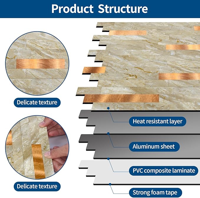 Yipscazo 10 Sheets Peel and Stick Stone Metal Tile Backsplash, Stick on Tiles for Backsplash Kitchen, Bathroom, Laundry Room, Camper, Fireplace (12'' X 12'', Polished Beige)
