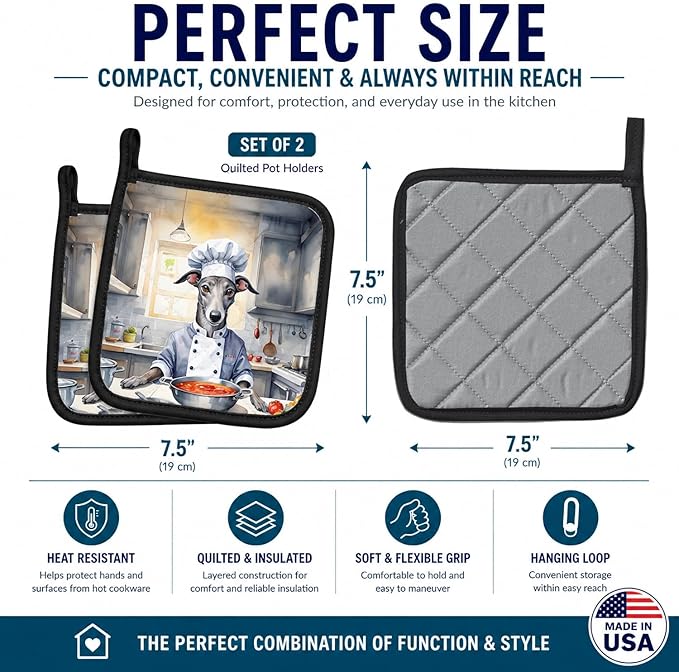 Caroline's Treasures Greyhound The Chef Pair of Pot Holders Kitchen Heat Resistant Pot Holders Sets Oven Hot Pads for Cooking Baking BBQ, 7 1/2 x 7 1/2