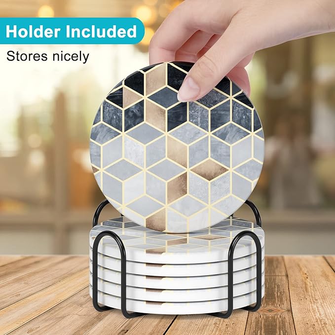 Nipichsha Coasters for Drinks, Set of 6 Cute Absorbent Ceramic Drink Coasters for Cup with Holder and Cork Base, Kitchen Home Decor Housewarming Gift, Round 4 in, Gray Gold Rhombus