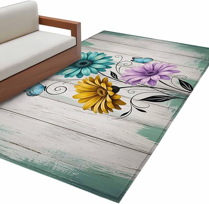 Area Rug 3x5ft, Farm Flower Daisy Retro Wood Barn Washable Rugs for Living Room Bedroom, Blossom Flower Butterfly Soft Non-Slip Area Rugs Rectangle Floor Carpet for Dining Room